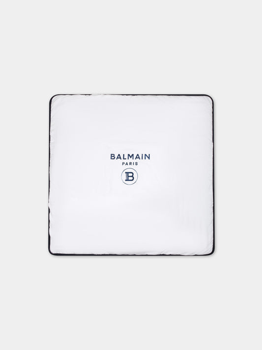 Coperta bianca per neonato con doppio logo blu,Balmain Kids,6Q0A10 Z0057 100AZ