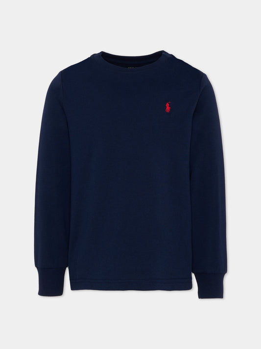 T-shirt blu per bambino con cavallino rosso