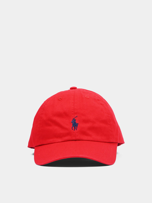 Cappello rosso per bambino con pony blu
