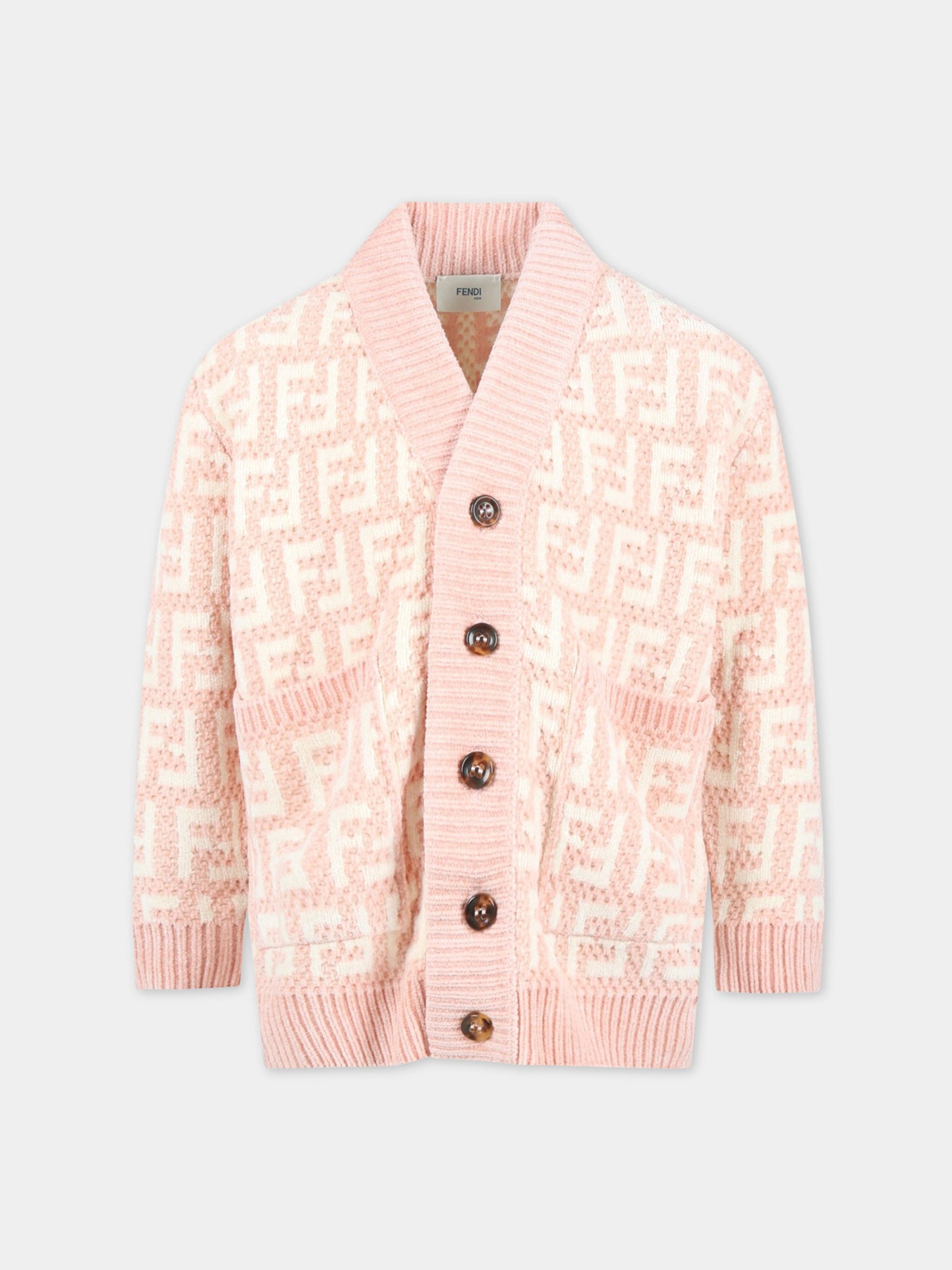 Cardigan rosa per bambina con FF bianche,Fendi Kids,JUG042 AMHA F1JDB