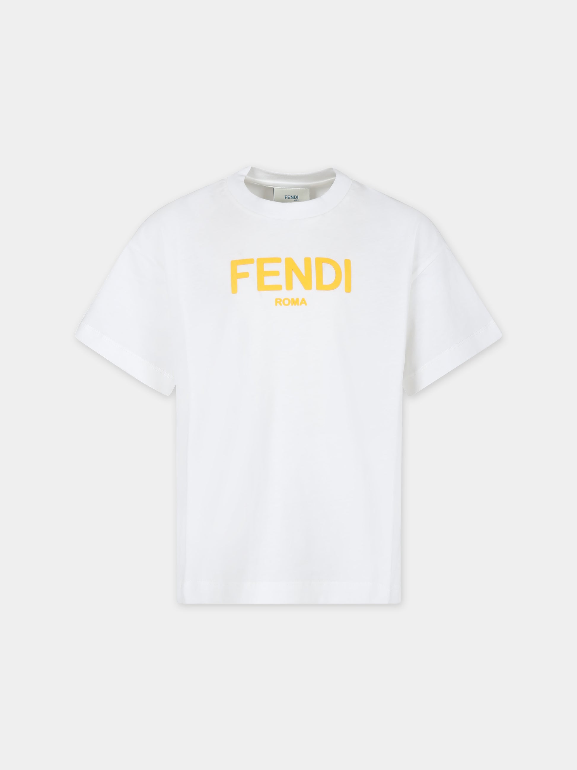 T-shirt bianca per bambini con logo giallo,Fendi Kids,JUI137 7AJ F0TU9