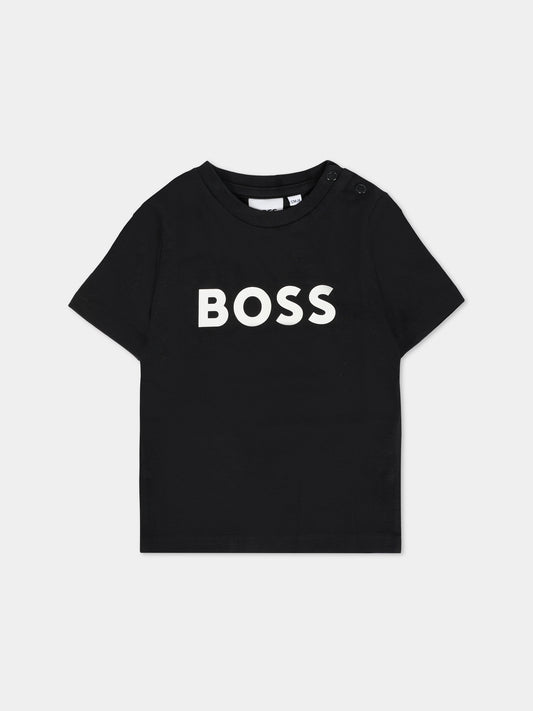 T-shirt nera per neonato con logo bianco,Boss,J05P12 09B