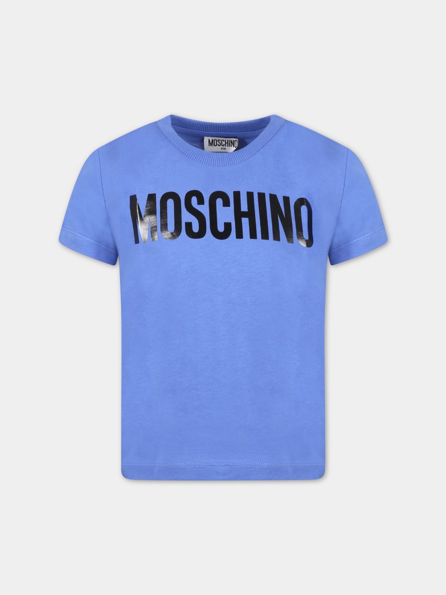 T-shirt blu per bambini con logo nero,Moschino Kids,HWM03L LAA02 40640