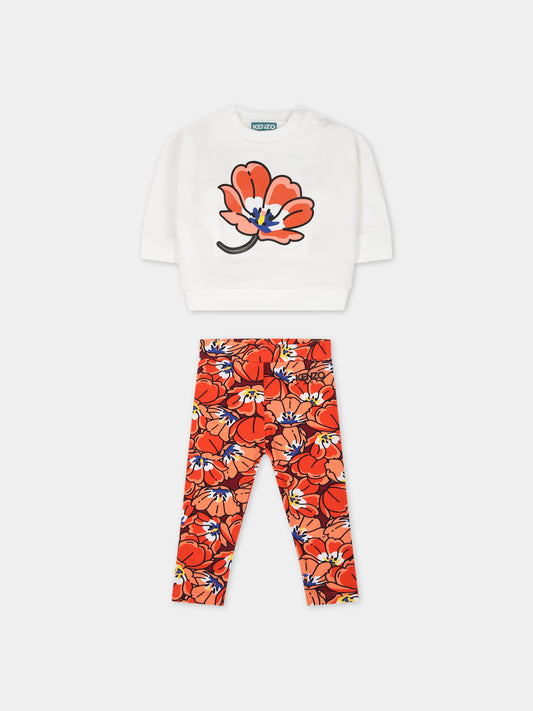 Completo bianco per neonata con papaveri e logo,Kenzo Kids,K08062 40A