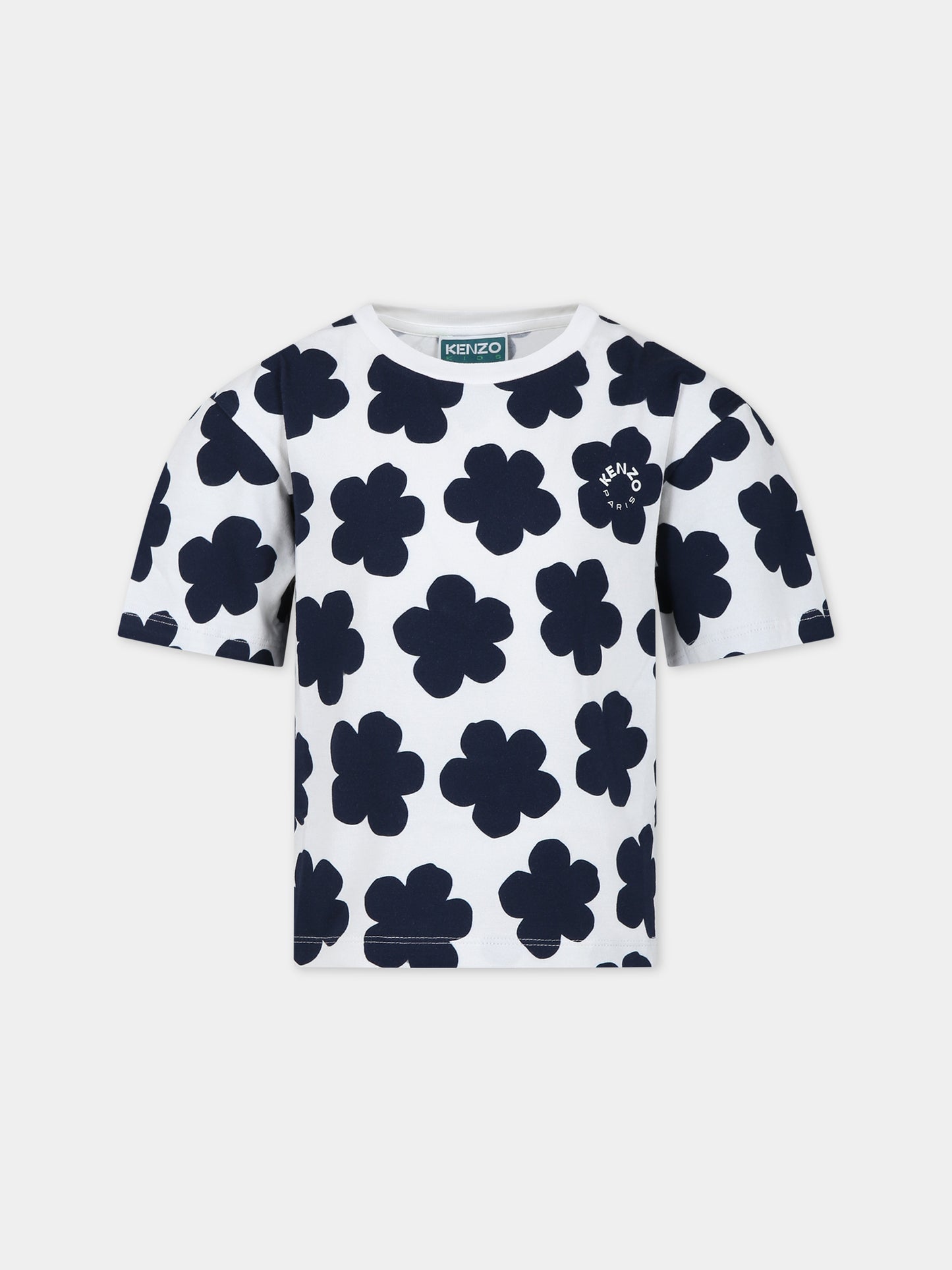 T-shirt bianca per bambina con logo e fiori,Kenzo Kids,K15711 12P