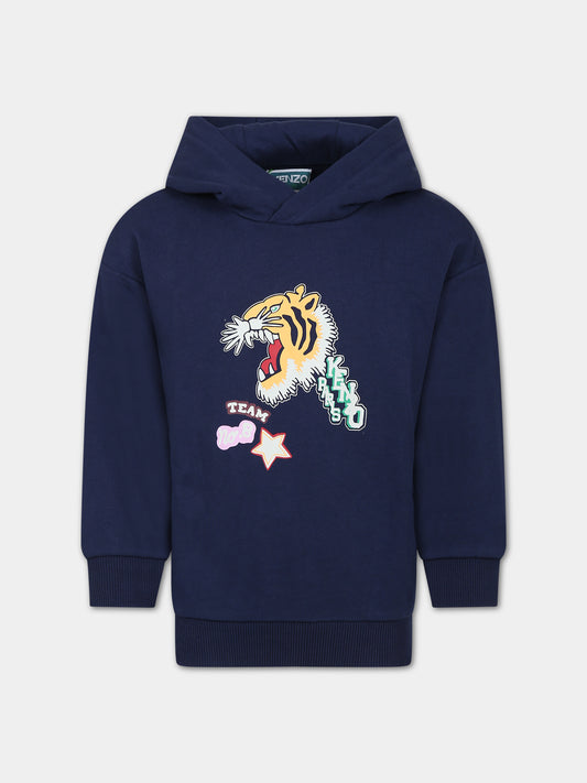 Felpa blu per bambina con tigre e logo,Kenzo Kids,K15693 84A