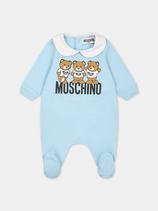 Tutina celeste per neonato con Teddy Bears e logo,Moschino Kids,MWY037 LCA60 40304