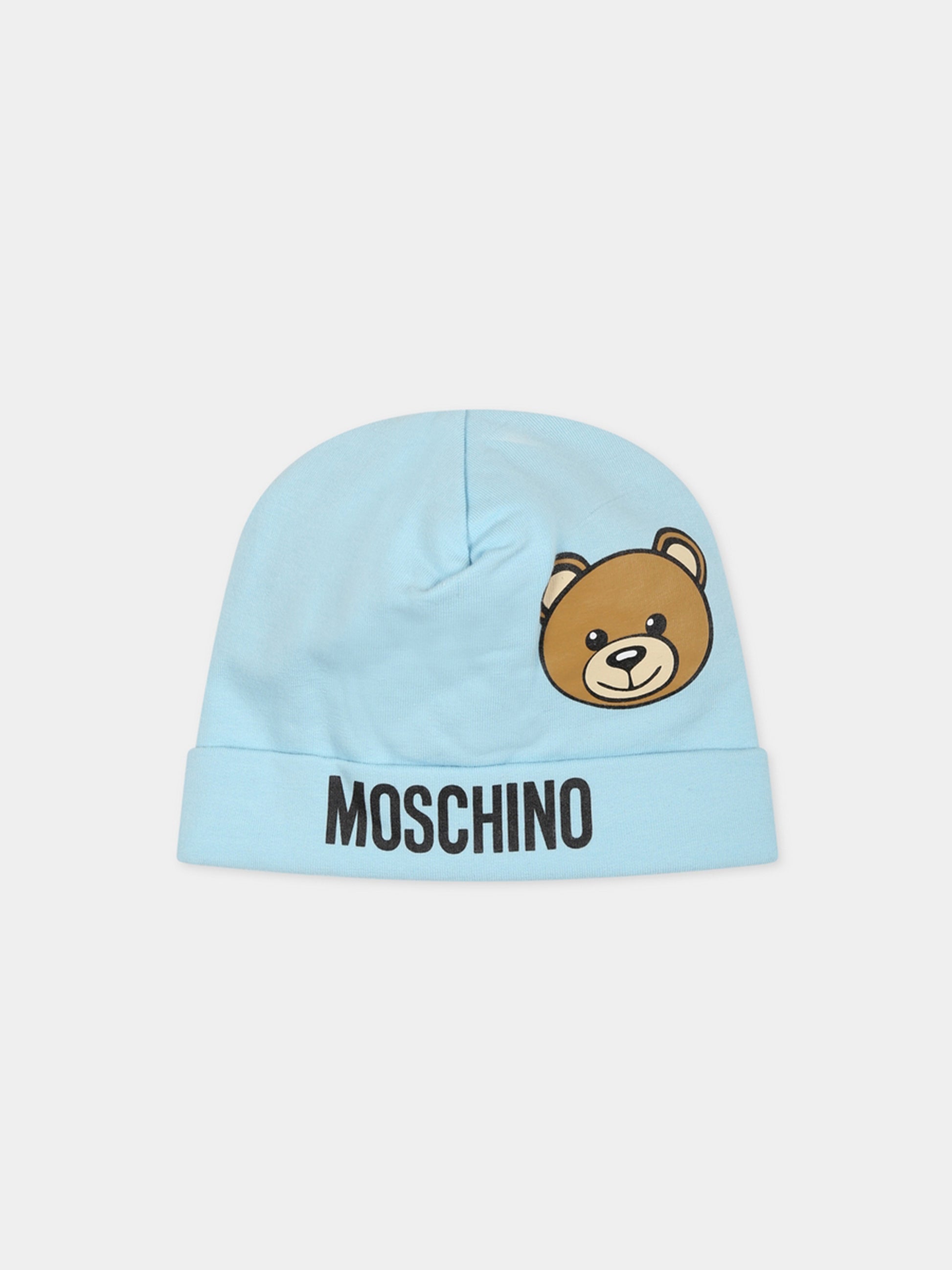 Cappello celeste per neonato con Teddy Bear e logo,Moschino Kids,MUX04H LDA17 40304