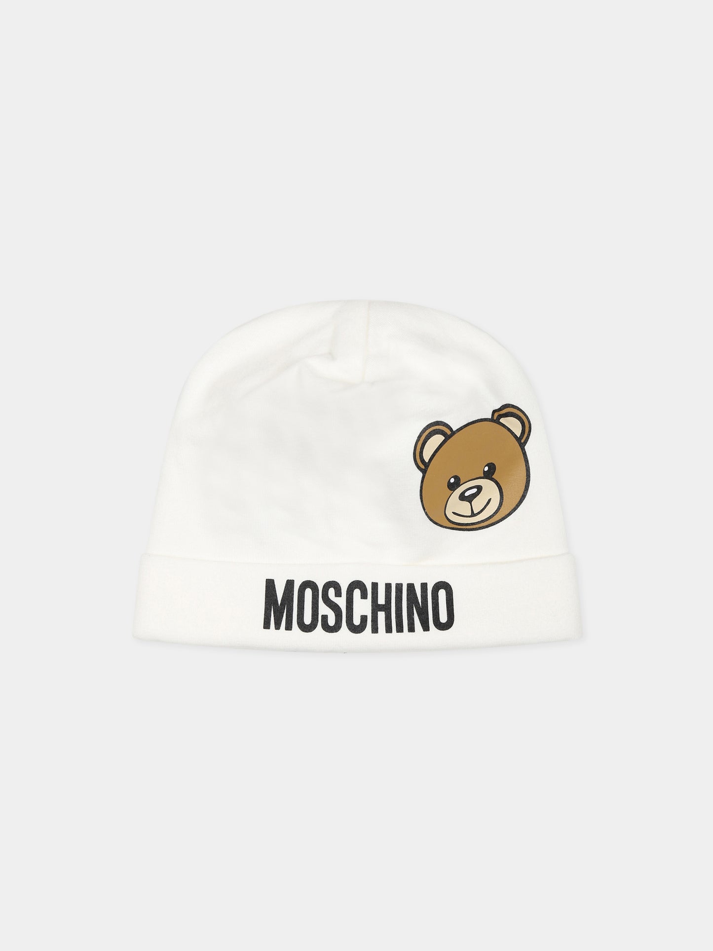 Cappello bianco per neonati con Teddy Bear e logo,Moschino Kids,MUX04H LDA17 10063