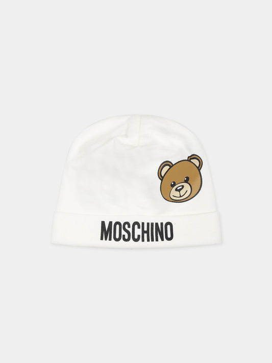 Cappello bianco per neonati con Teddy Bear e logo,Moschino Kids,MUX04H LDA17 10063