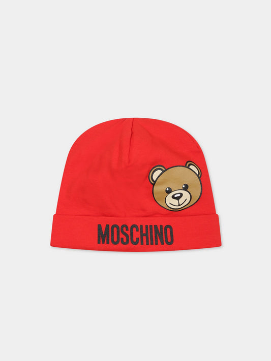 Cappello rosso per neonati con Teddy Bear e logo,Moschino Kids,MUX04H LDA17 50109