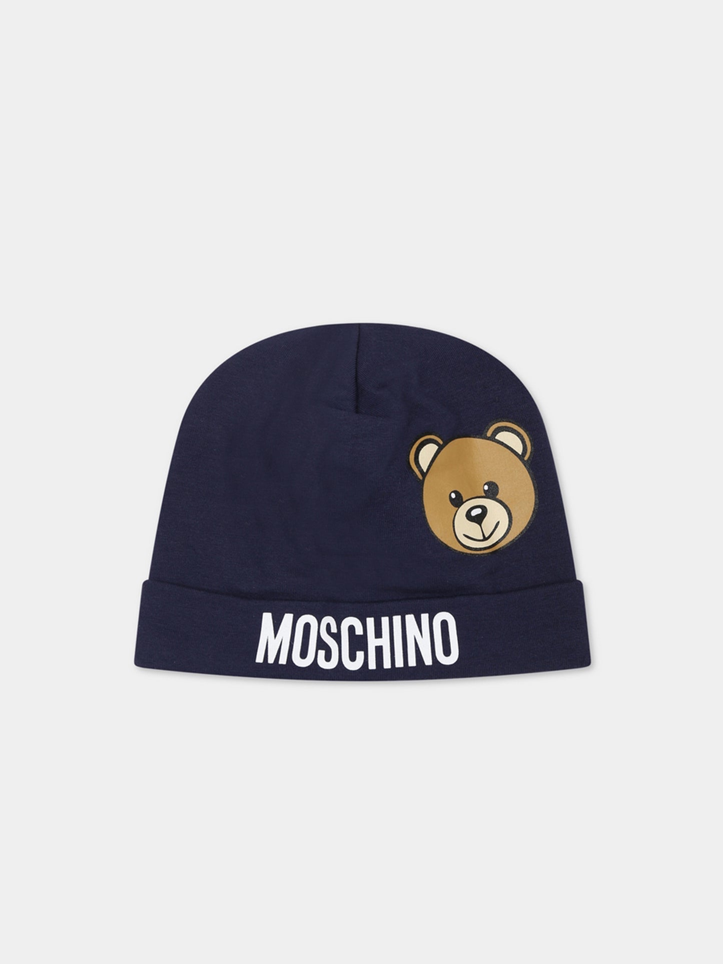 Cappello blu per neonati con Teddy Bear e logo,Moschino Kids,MUX04H LDA17 40016