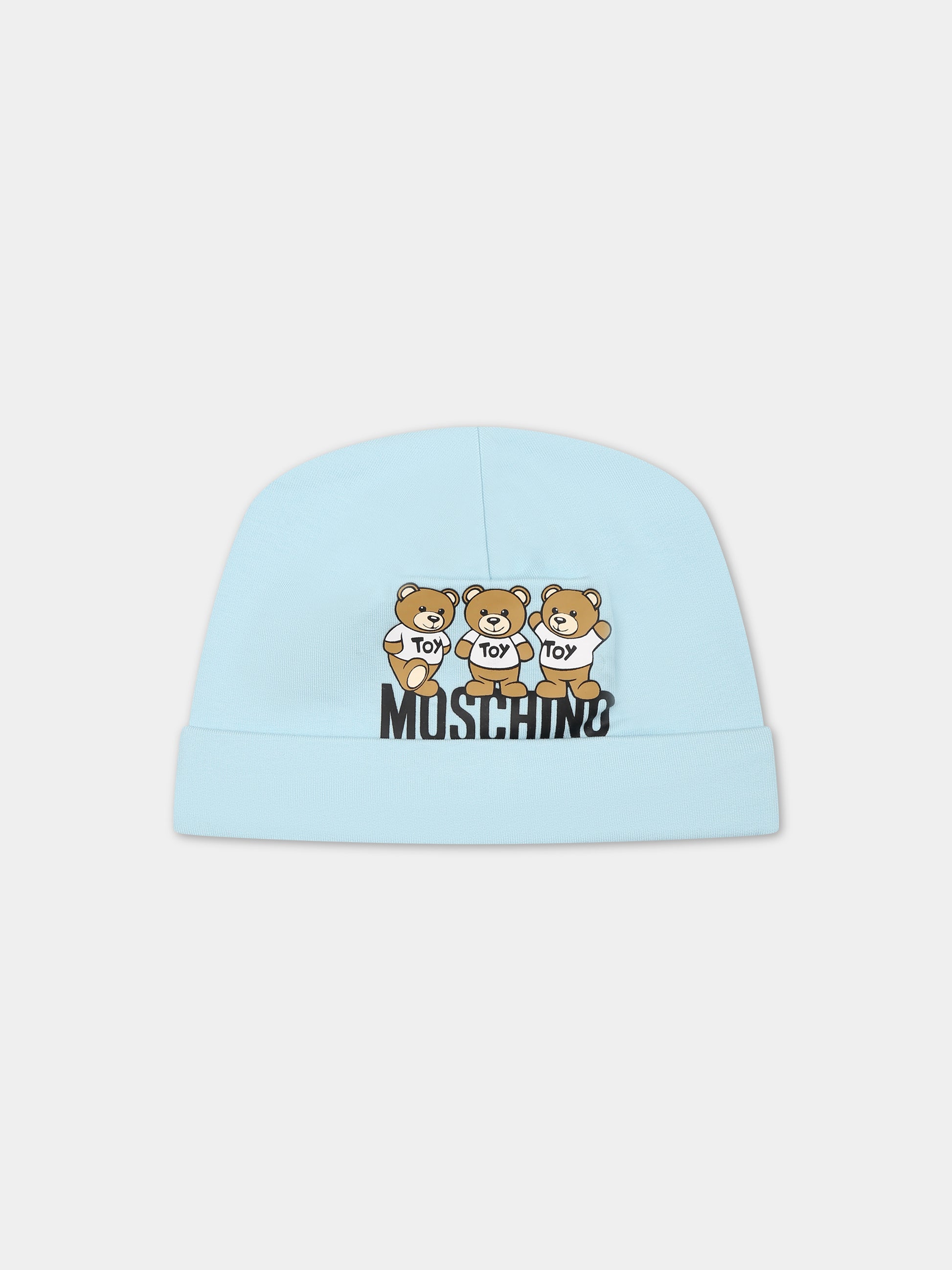 Cappello celeste per neonato con Teddy Bears e logo,Moschino Kids,MZX031 LDA16 40304