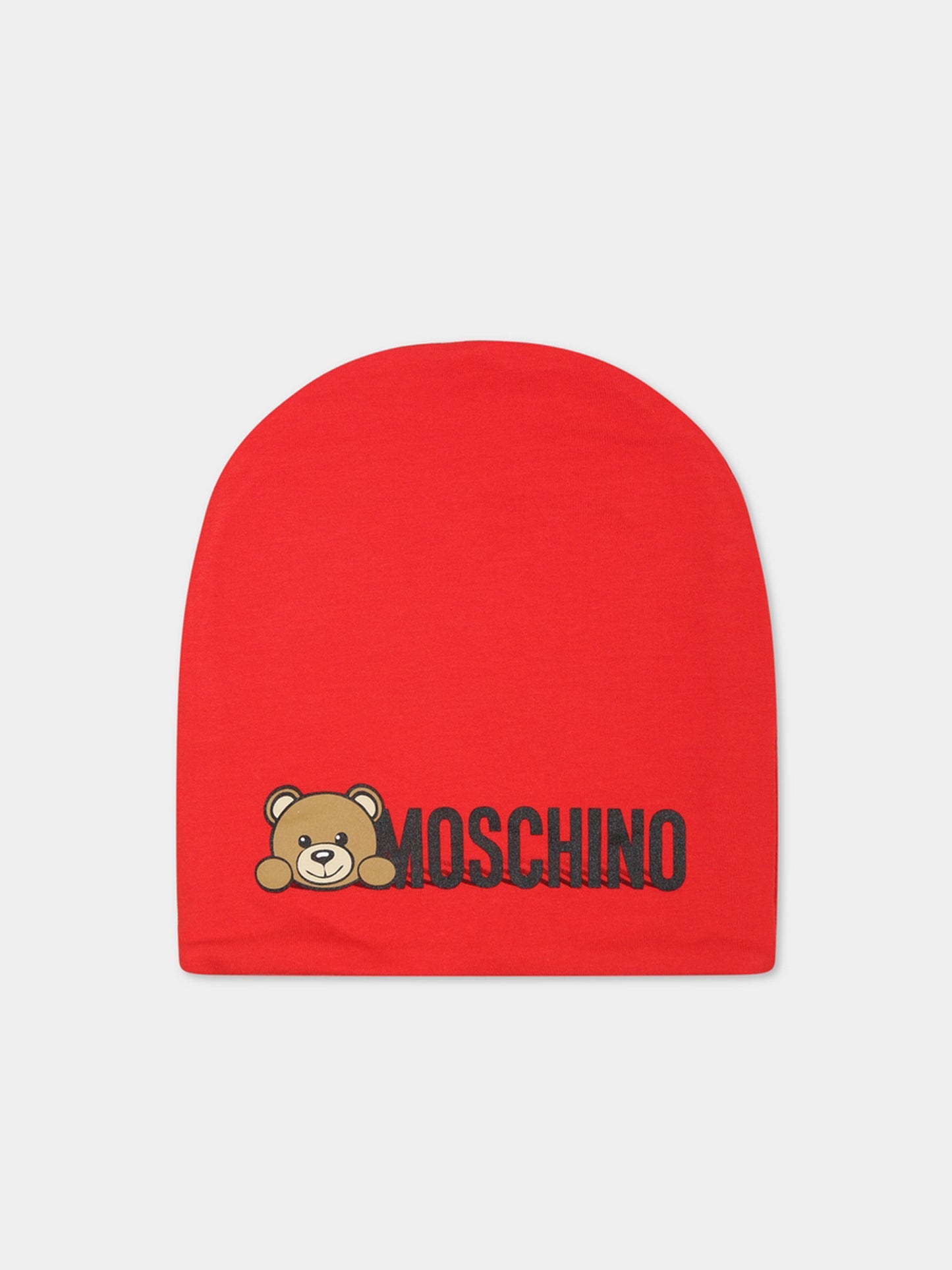 Berretto rosso per neonati con Teddy Bear e logo,Moschino Kids,MOX03N LDA17 50109