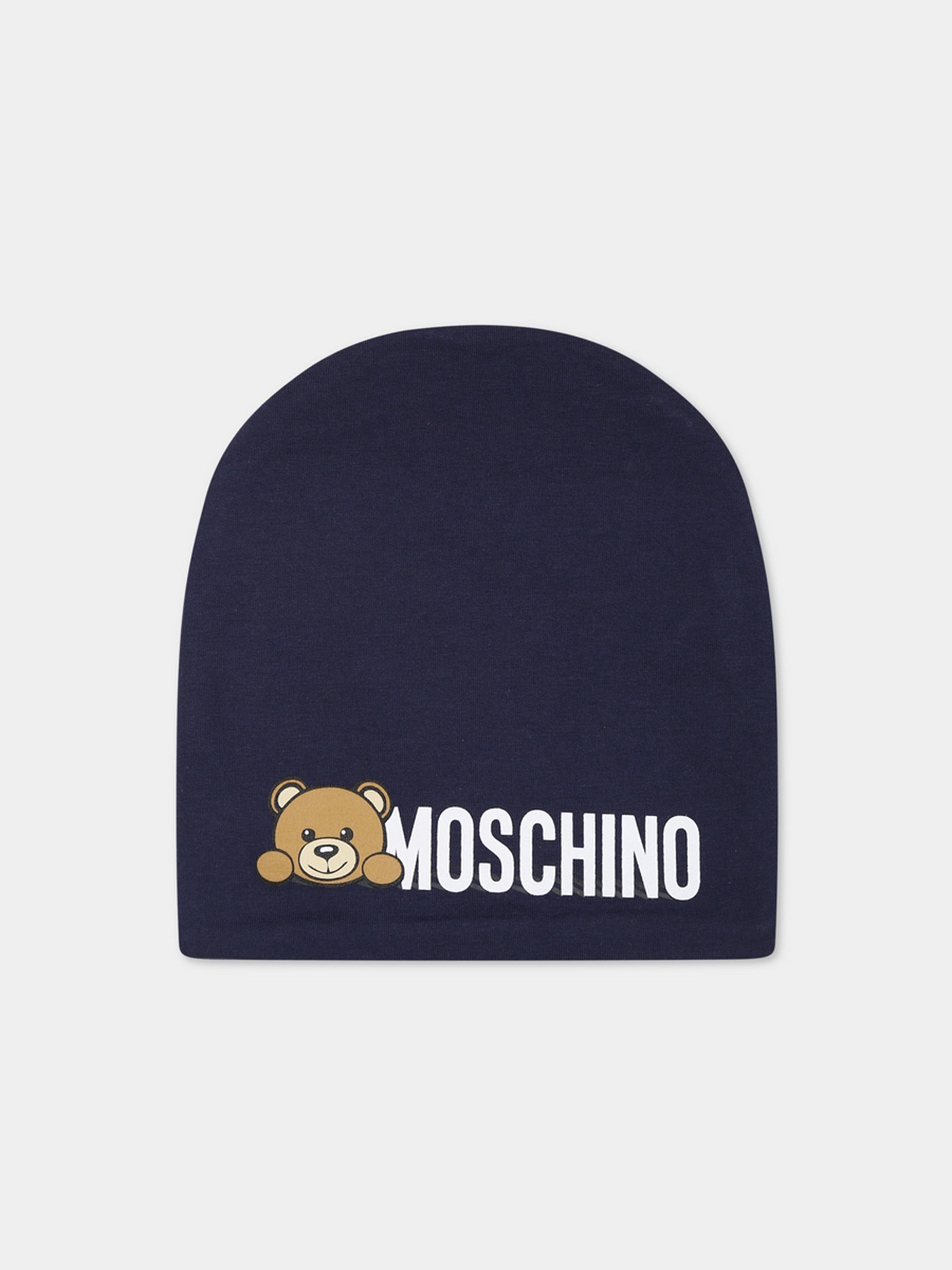 Berretto blu per neonati con Teddy Bear e logo,Moschino Kids,MOX03N LDA17 40016