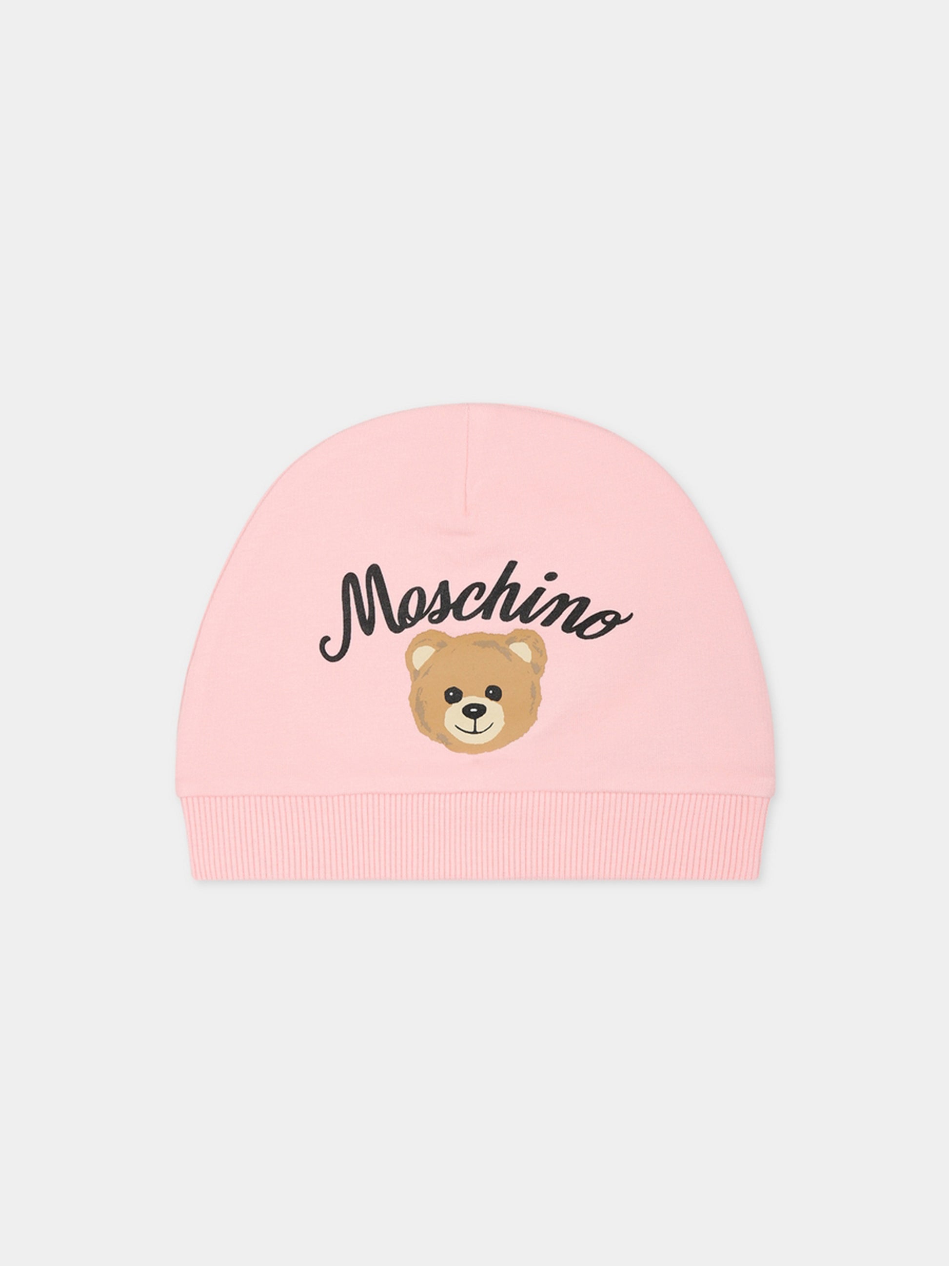 Berretto rosa per neonata con Teddy Bear e logo,Moschino Kids,MPX035 LDA55 50209
