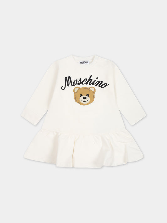 Vestito bianco per neonata con Teddy Bear  elogo,Moschino Kids,MAV099 LDA55 10063