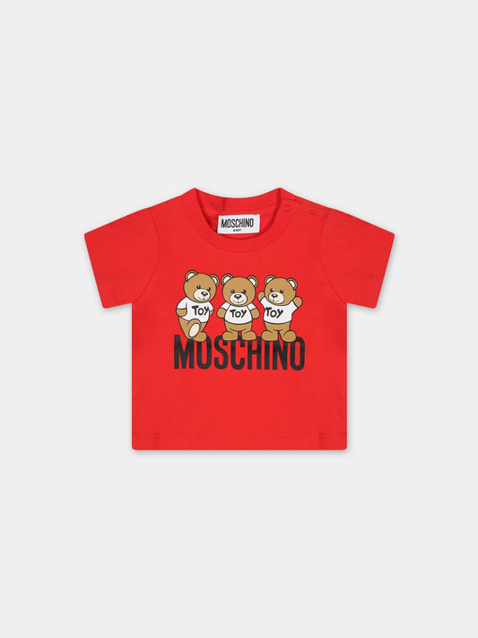 T-shirt rossa per neonati con Teddy Bears e logo,Moschino Kids,MUM03N LAA10 50109