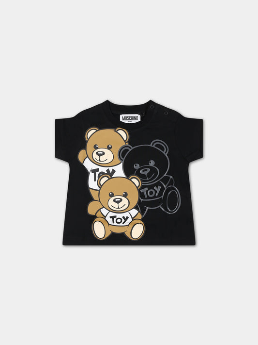 T-shirt nera per neonato con Teddy Bears,Moschino Kids,MPM032 LAA20 60100