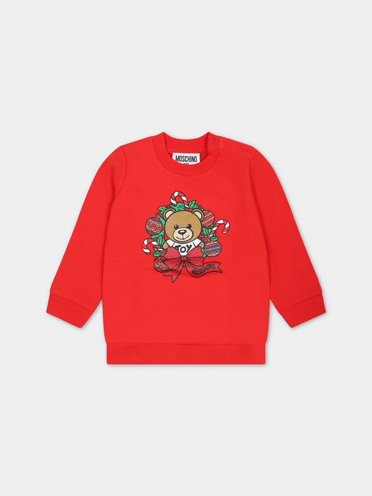 Felpa rossa per neonati con Teddy Bear e logo,Moschino Kids,MPF04Q LDA17 50109