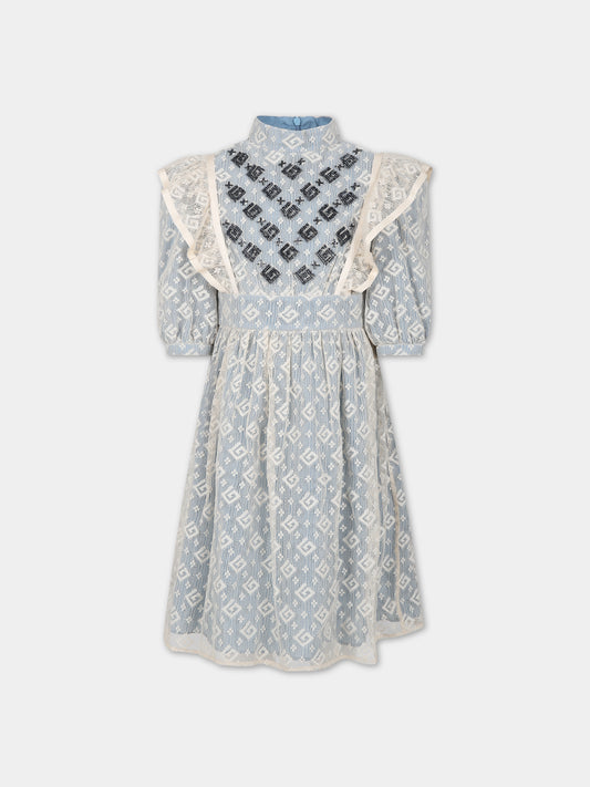 Vestito celeste per bambina con doppia G,Gucci Kids,741190 ZAN9U 9028