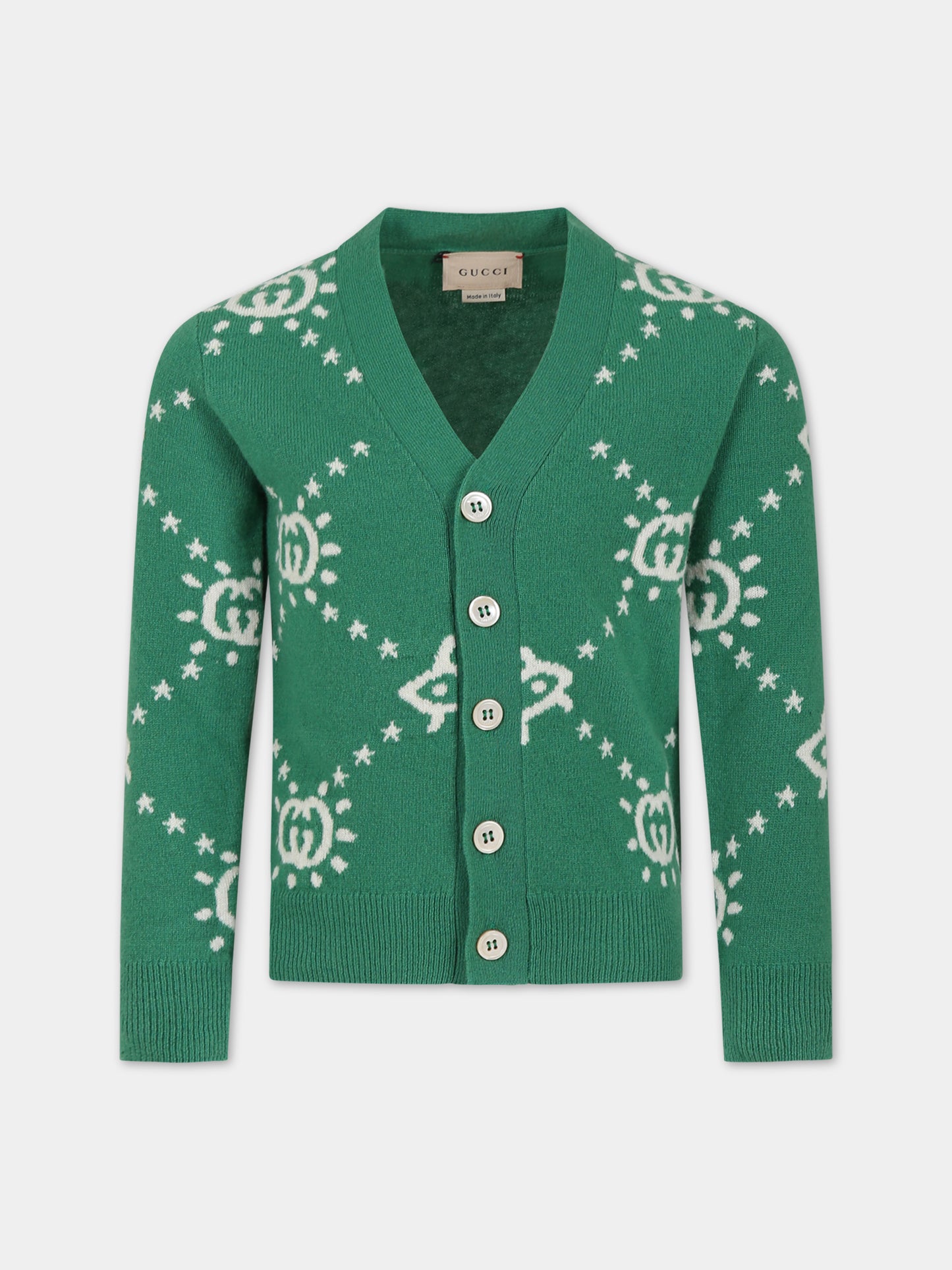 Cardigan verde per bambino con logo e ufo,Gucci Kids,748025 XKDAC 3523