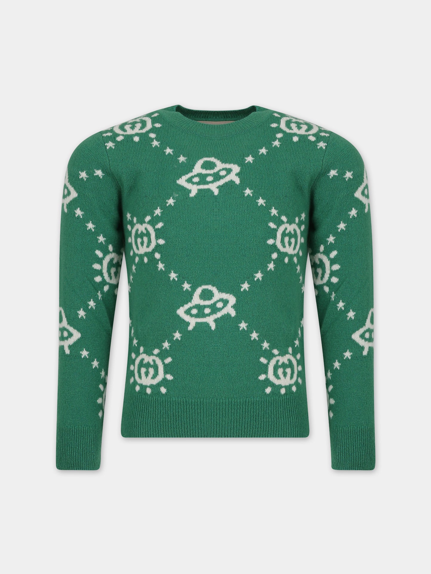 Maglione verde per bambino con Ufo e GG,Gucci Kids,748068 XKDAC 3523