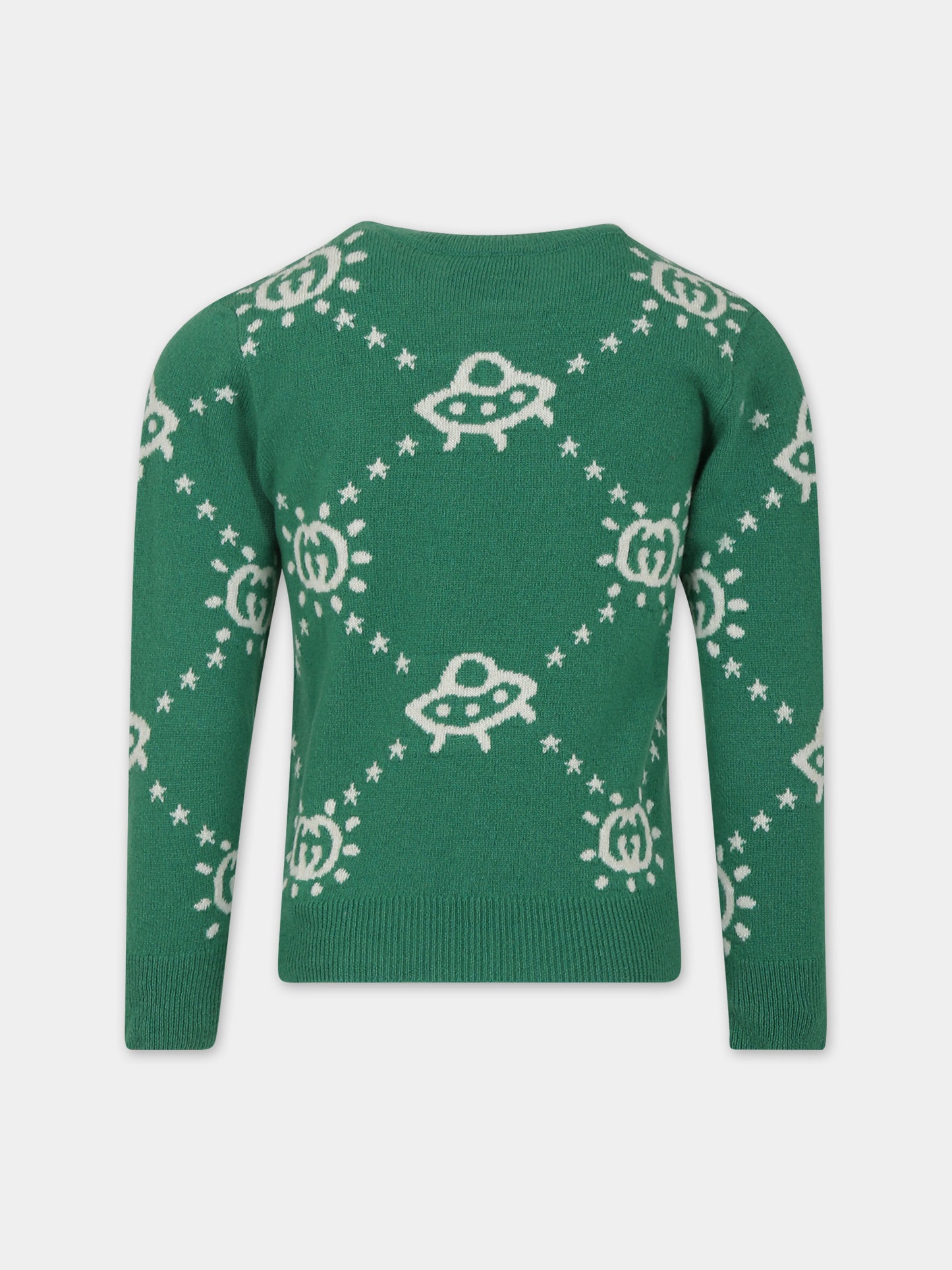 Maglione verde per bambino con Ufo e GG,Gucci Kids,748068 XKDAC 3523