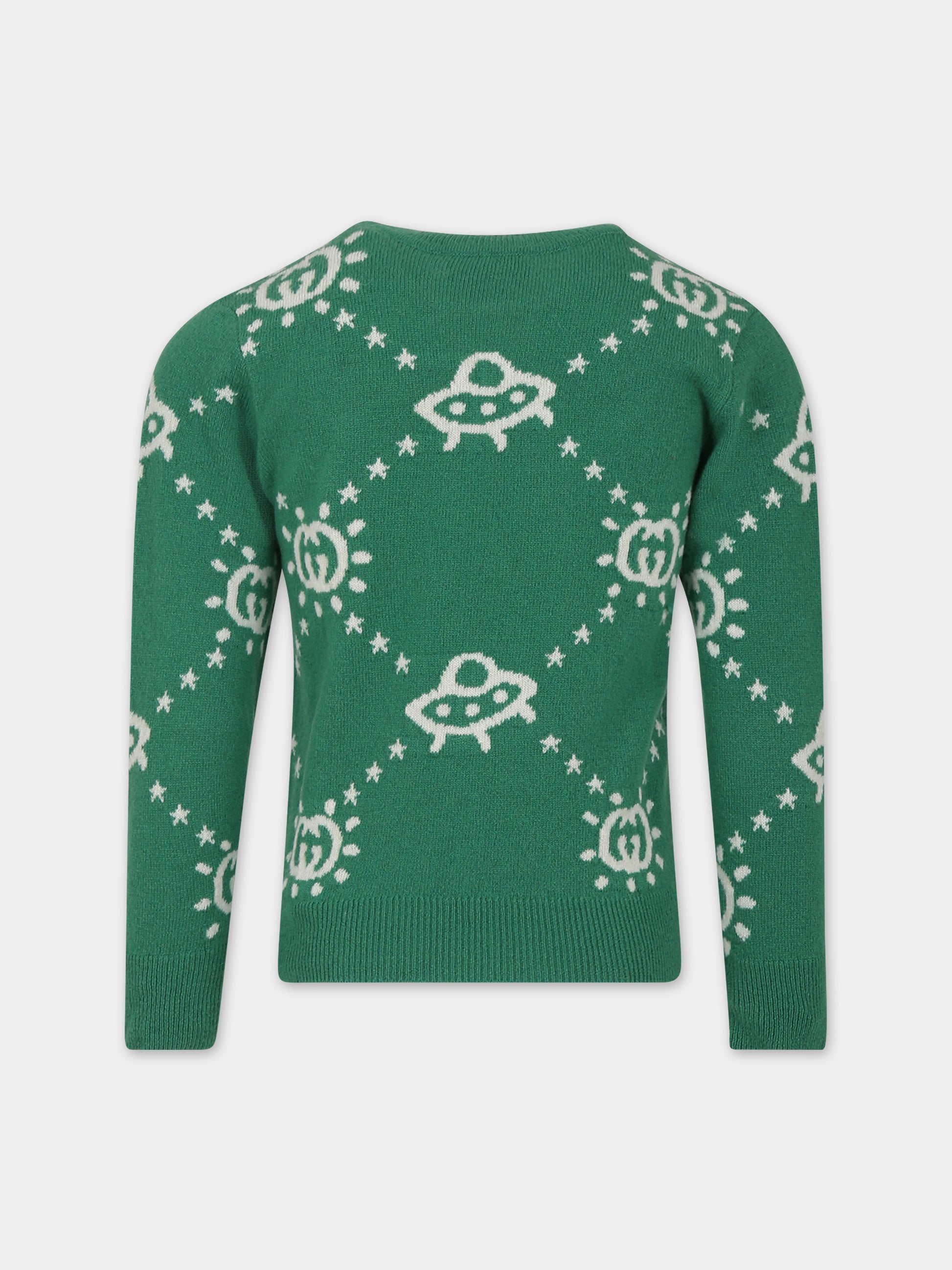 Maglione verde per bambino con Ufo e GG,Gucci Kids,748068 XKDAC 3523