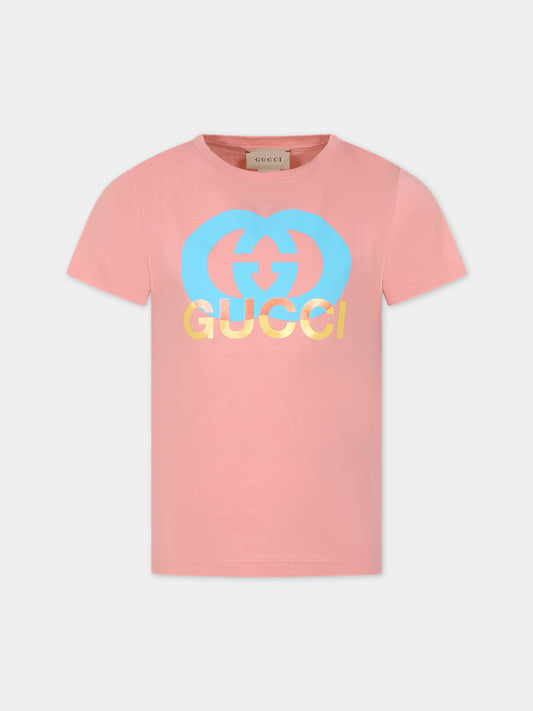 T-shirt rosa per bambina con stampa logo,Gucci Kids,547559 XJFMN 5339