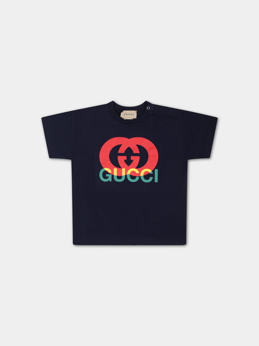T-shirt blu per neonati con incrocio GG,Gucci Kids,576871 XJFMX 4585