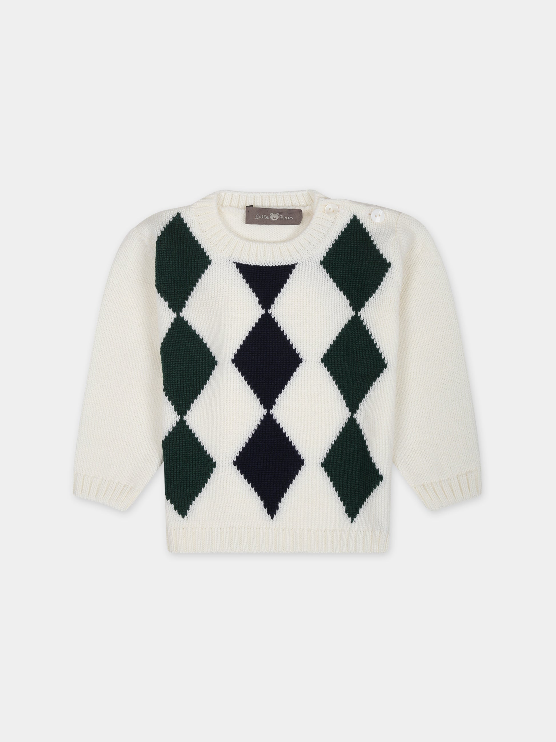 Maglione bianco per neonato con rombi,Little Bear,7154 LATTE