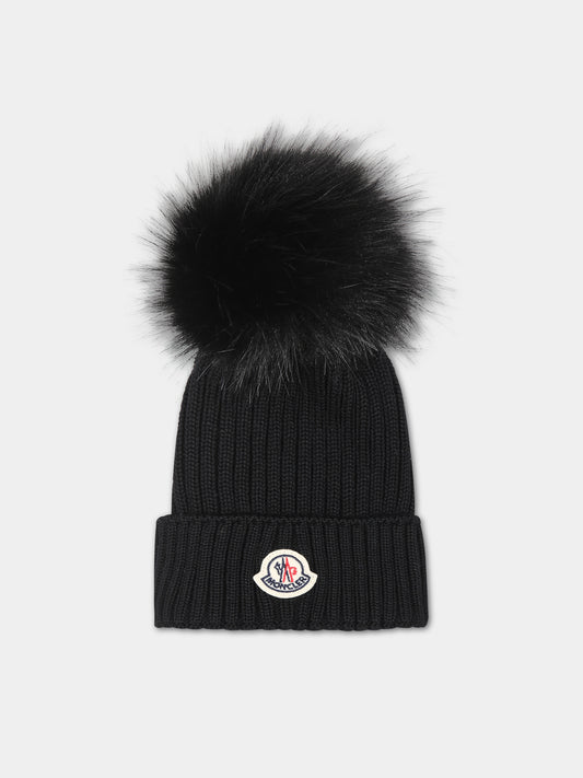 Berretto nero per bambina con logo,Moncler Kids,954 3B00018 04S01 999