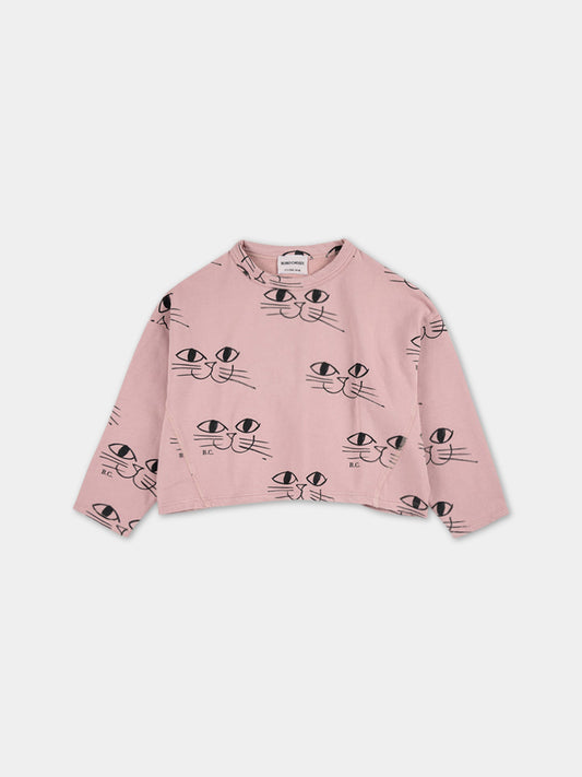 Felpa rosa per bambina con stampa gatti e logo,Bobo Choses,223AC047