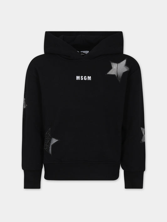 Felpa nera per bambina con logo e stelle,Msgm Kids,F3MSJGHS008 110