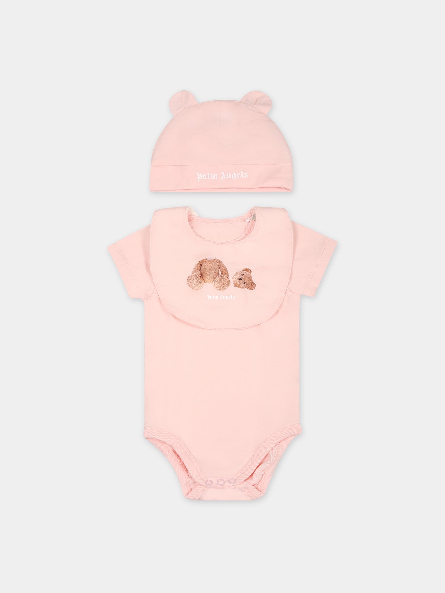 Set rosa per neonata con orso,Palm Angels,PG2X008F23JER0013360