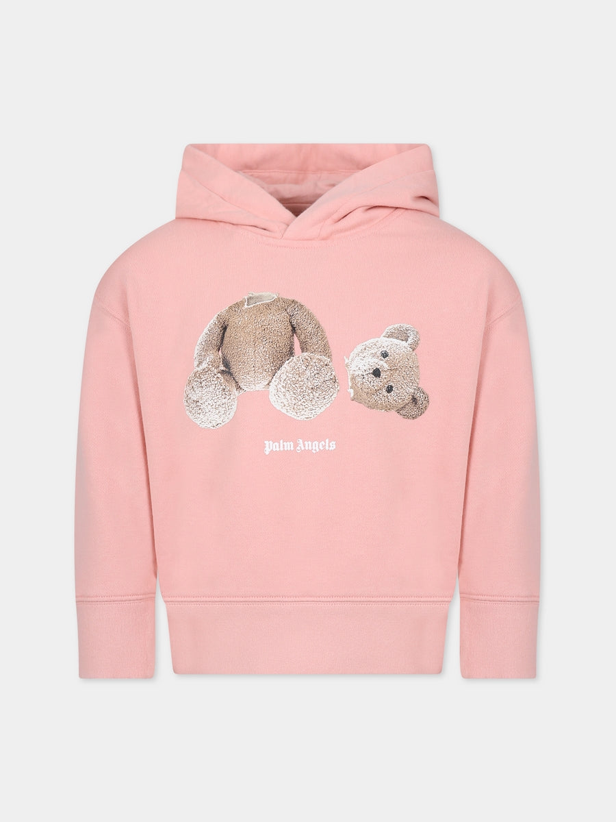 Felpa rosa per bambina con orso e logo,Palm Angels,PGBB001C99FLE0013060