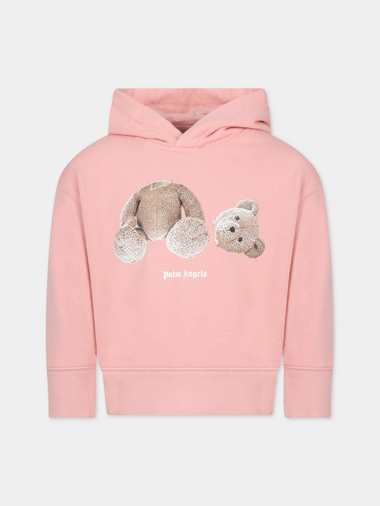 Felpa rosa per bambina con orso e logo,Palm Angels,PGBB001C99FLE0013060