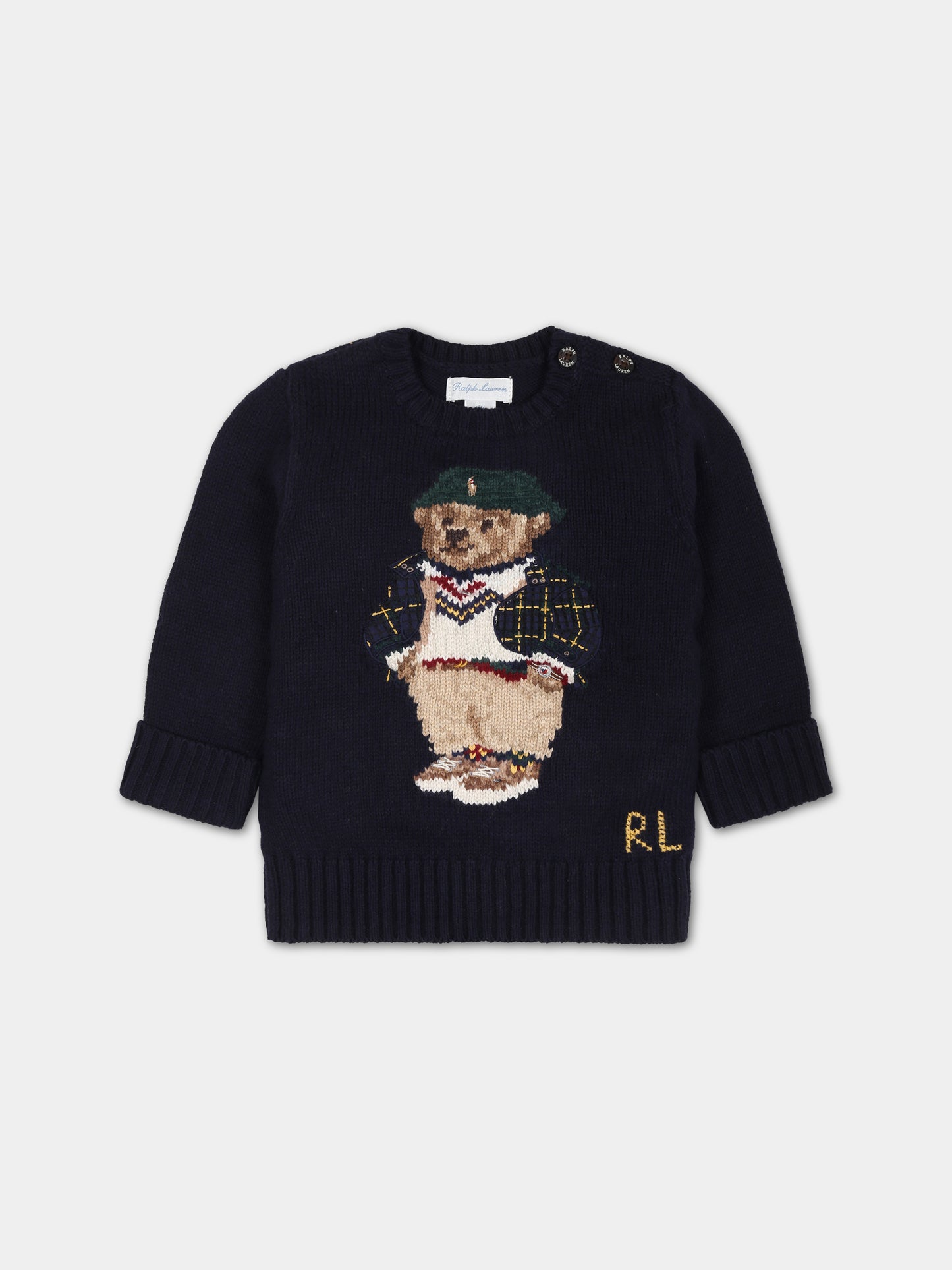 Maglione blu per neonato con orso e logo,Ralph Lauren Kids,918362001