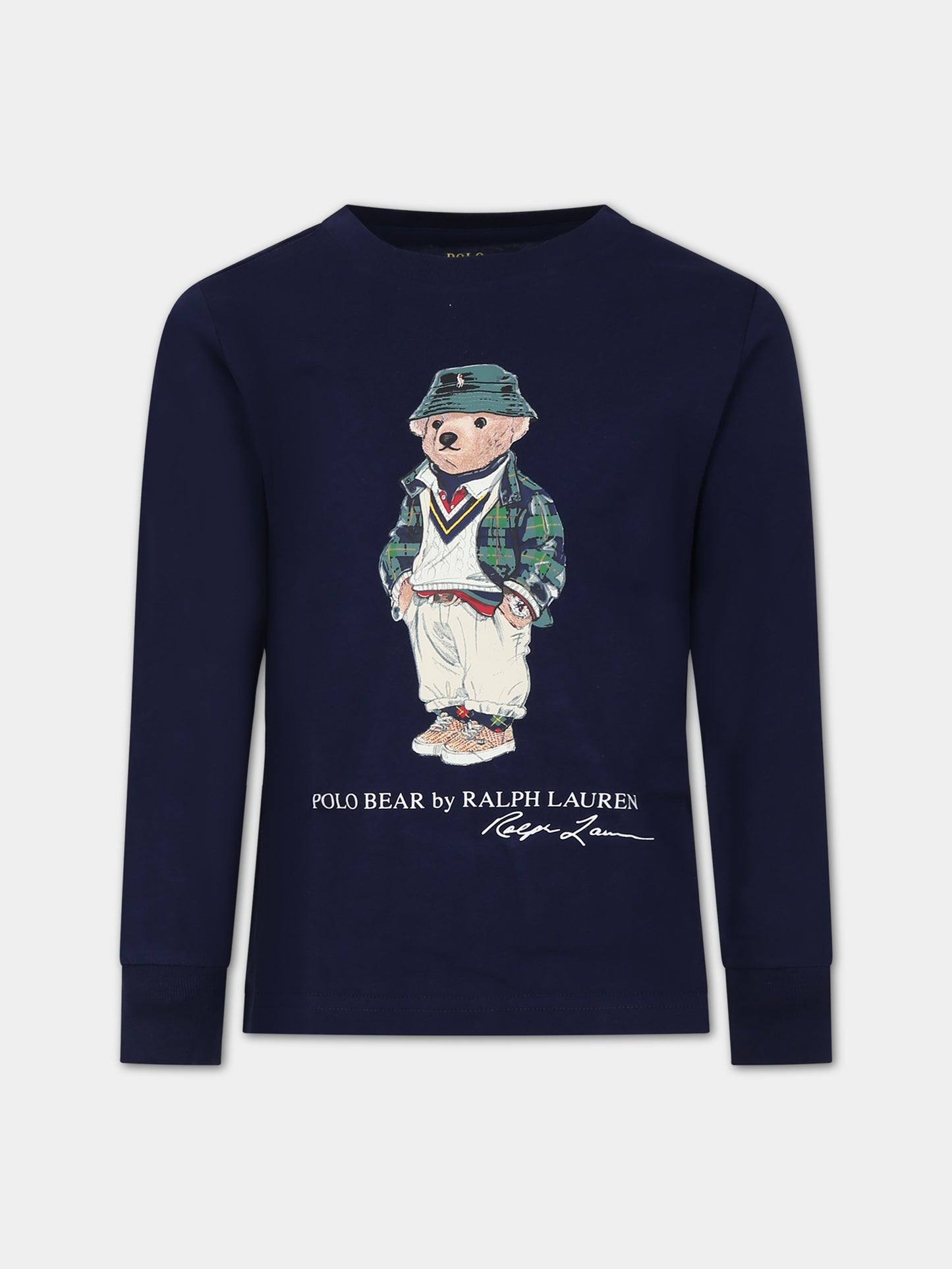 T-shirt blu per bambino con orso e logo,Ralph Lauren Kids,883620003