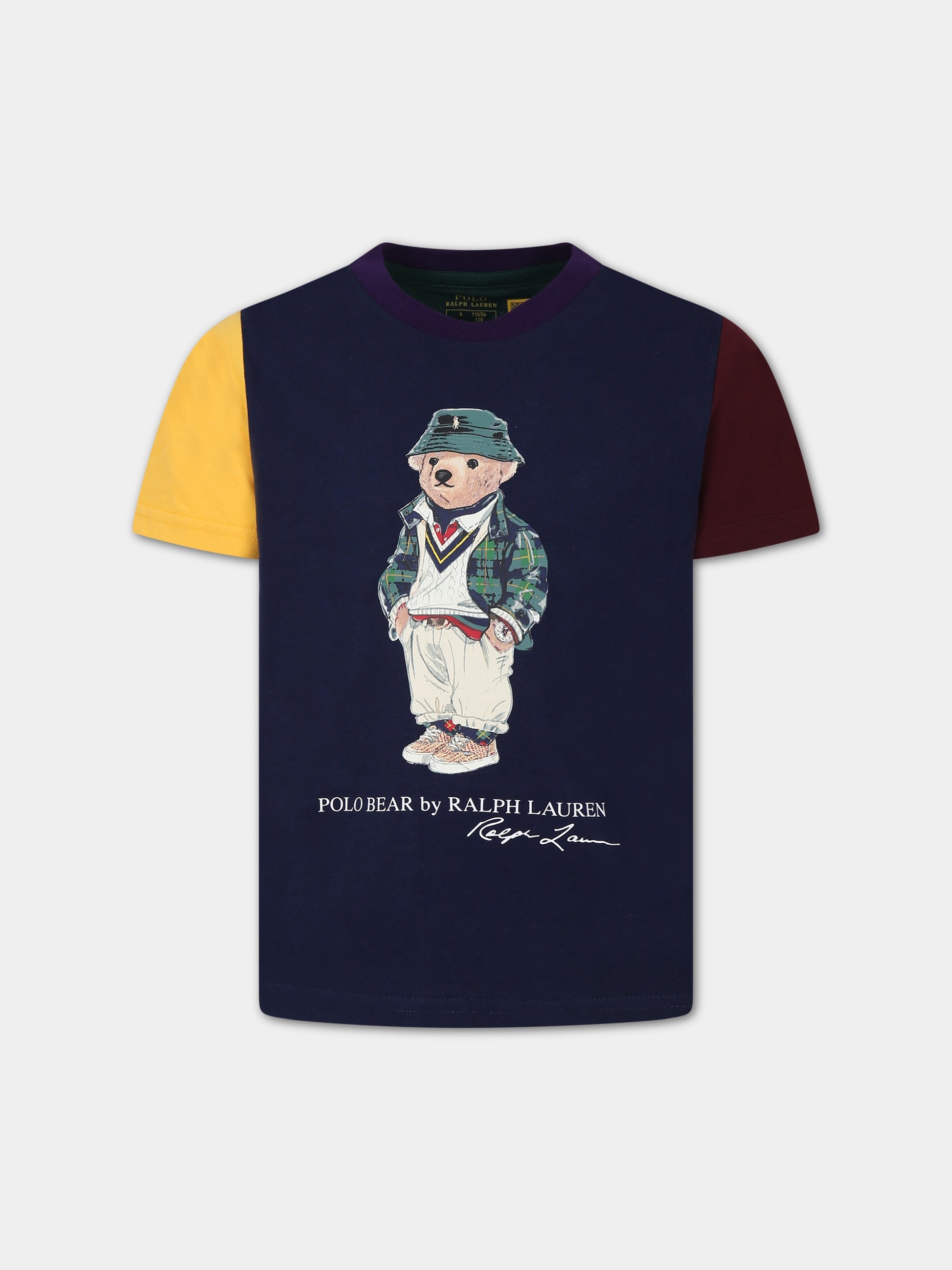 T-shirt blu per bambino con orso e logo,Ralph Lauren Kids,905258002