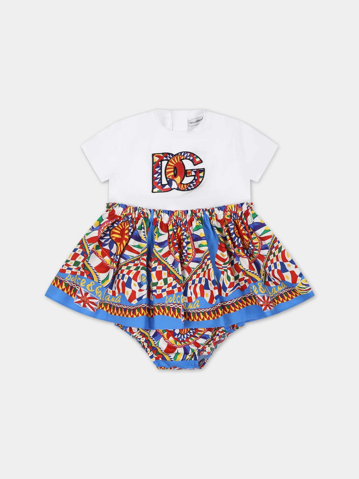 Vestito bianco per neonata con logo e stampa carretto,Dolce & Gabbana Kids,L2JD7D G7J9K HH4KT