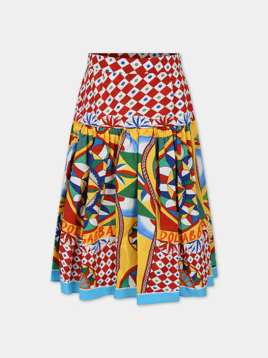 Gonna rossa per bambina con stampa carretto e logo,Dolce & Gabbana Kids,L54I72 G7J9M HH4KV