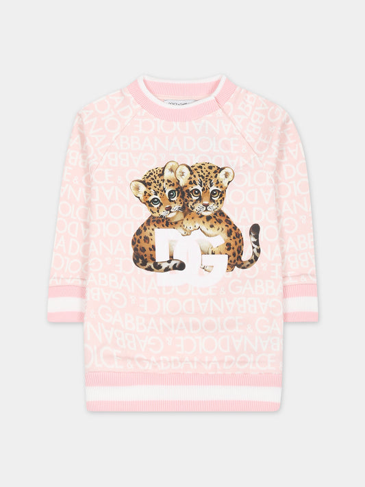 Felpa rosa per neonata con stampa leopardi e logo,Dolce & Gabbana Kids,L2JW9U G7KT5 HFXCA