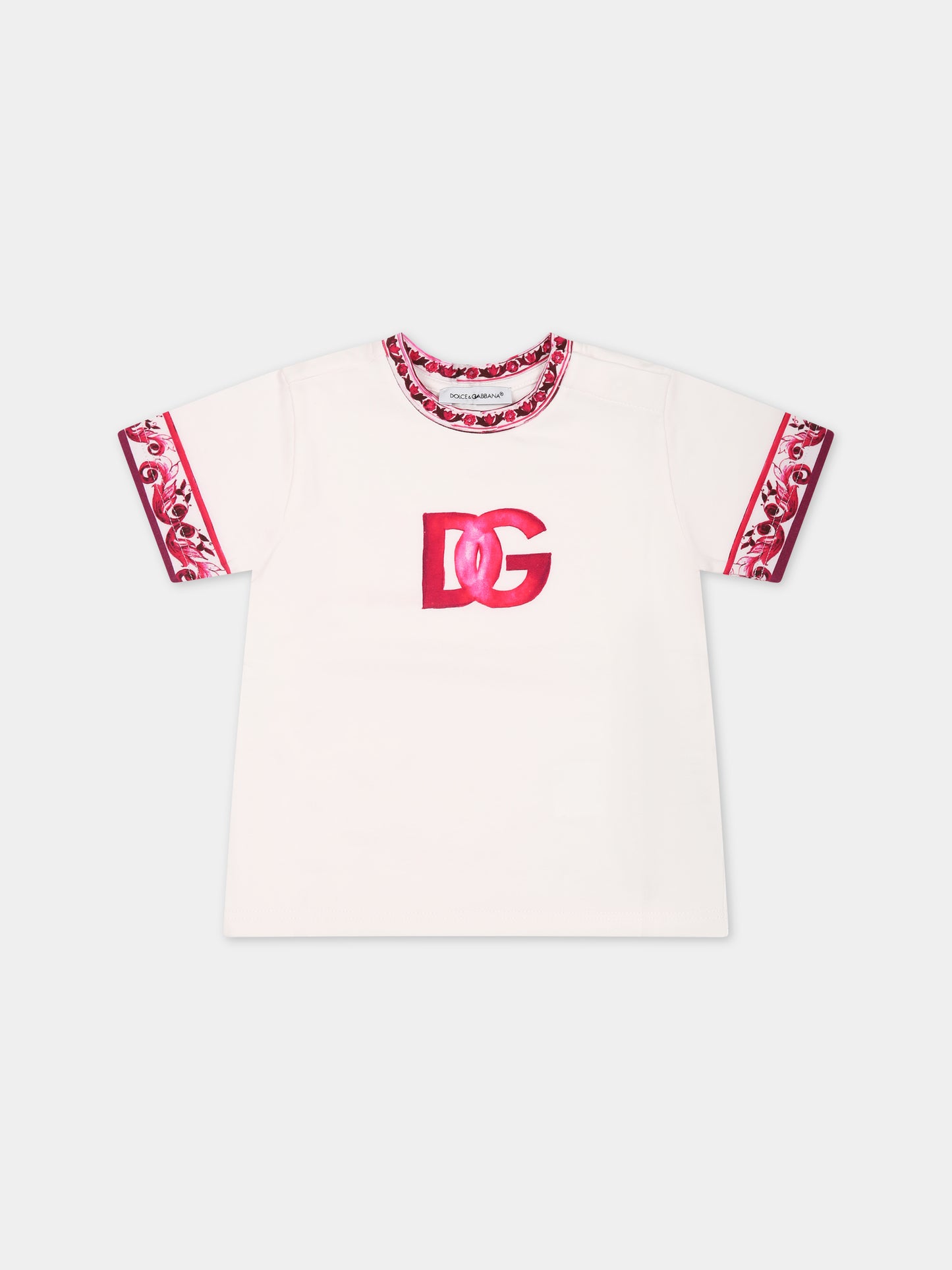 T-shirt bianca per neonata con logo e maioliche fucsia,Dolce & Gabbana Kids,L2JT9P G7J7O HE3TN