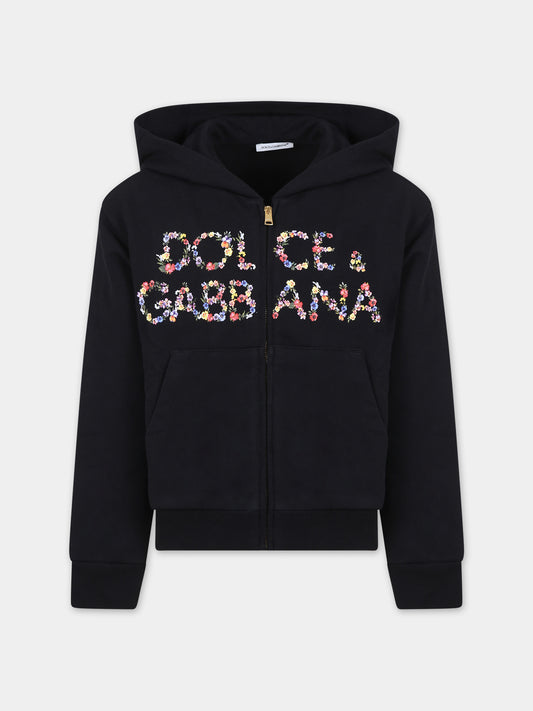 Felpa nera per bambina con logo,Dolce & Gabbana Kids,L5JW9M G7KC1 N0000