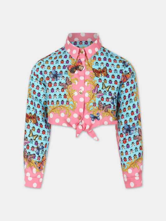 Camicia celeste per bambina con stampa iconica e logo,Versace,1011107 1A08125 5X280