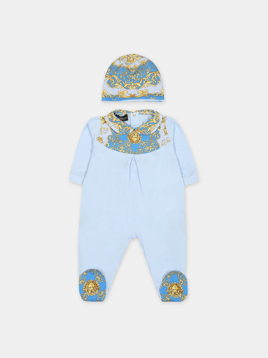 Set celeste per neonato con stampa barocco,Versace,1011060 1A08151 2V000