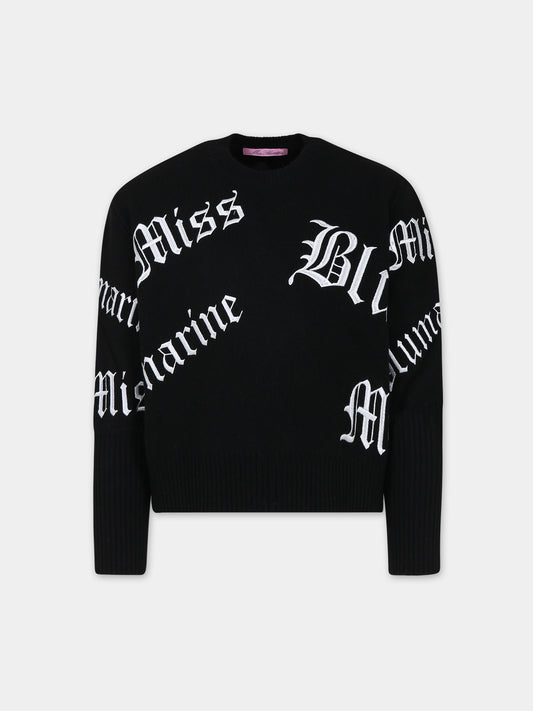 Maglione nero per bambina con scritta,Blumarine Baby,IF3053 09M04