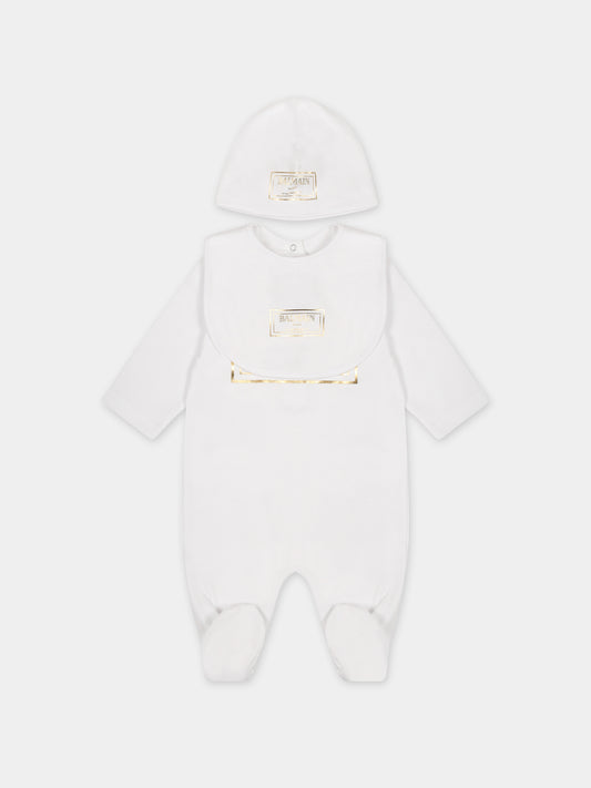 Set bianco per neonati con logo dorato,Balmain Kids,BTB610 Z1763 100OR